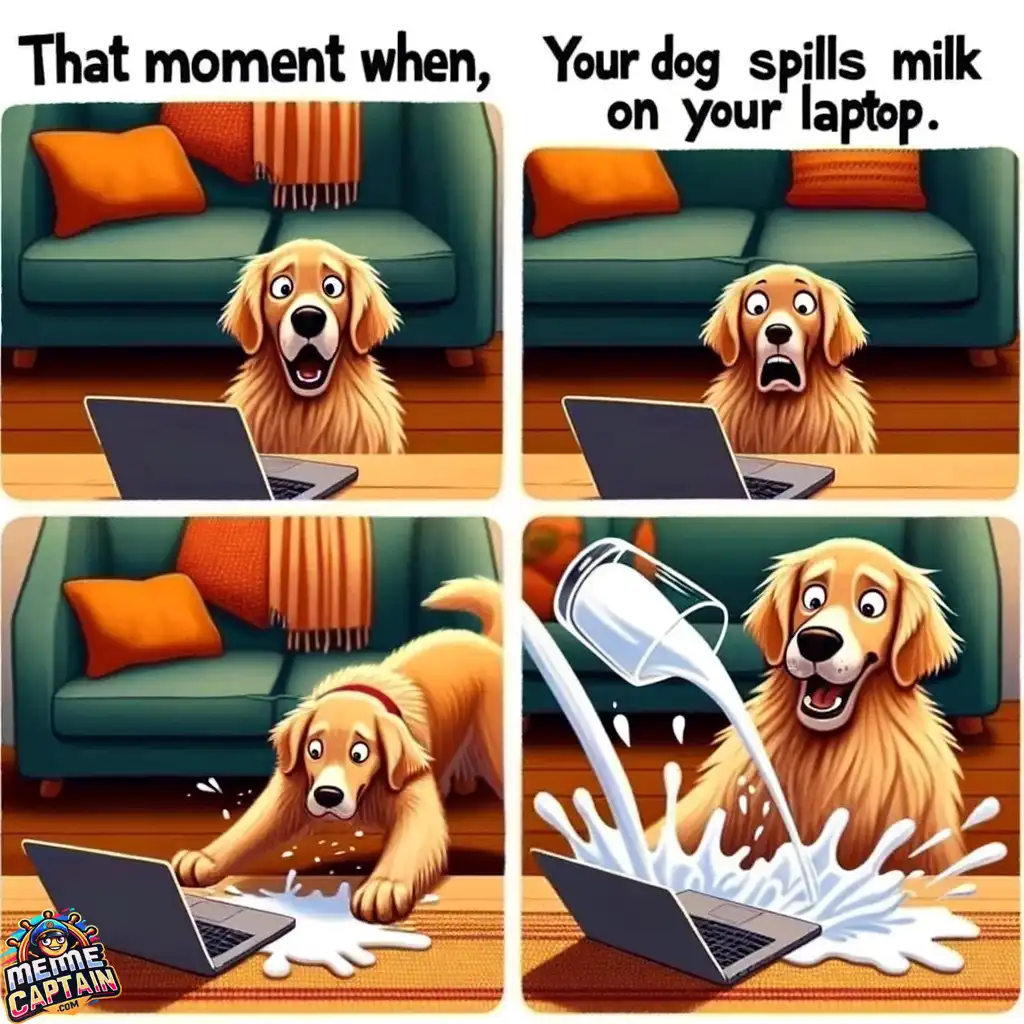 dog causes laptop milk spill meme