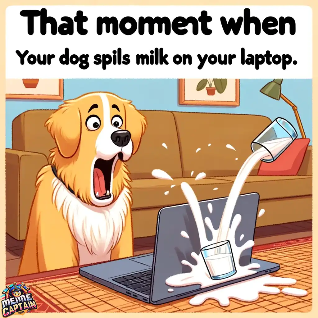 dog shocked by milk spill laptop meme