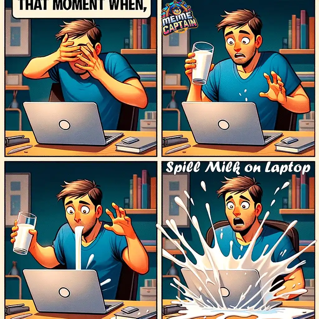 four stages laptop milk spill meme