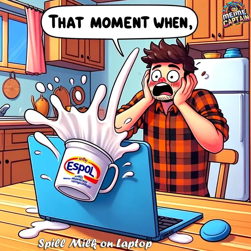 kitchen spill laptop panic meme