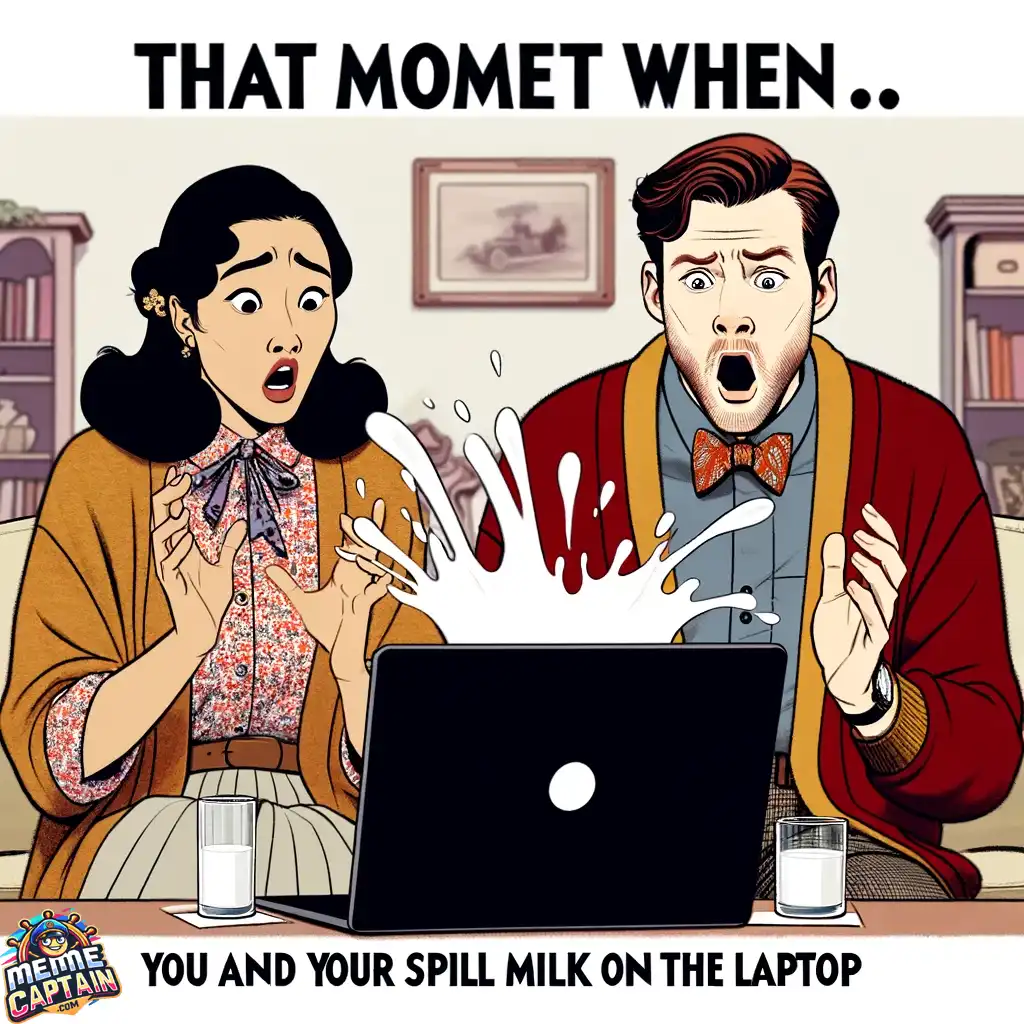 vintage couple laptop milk mishap meme